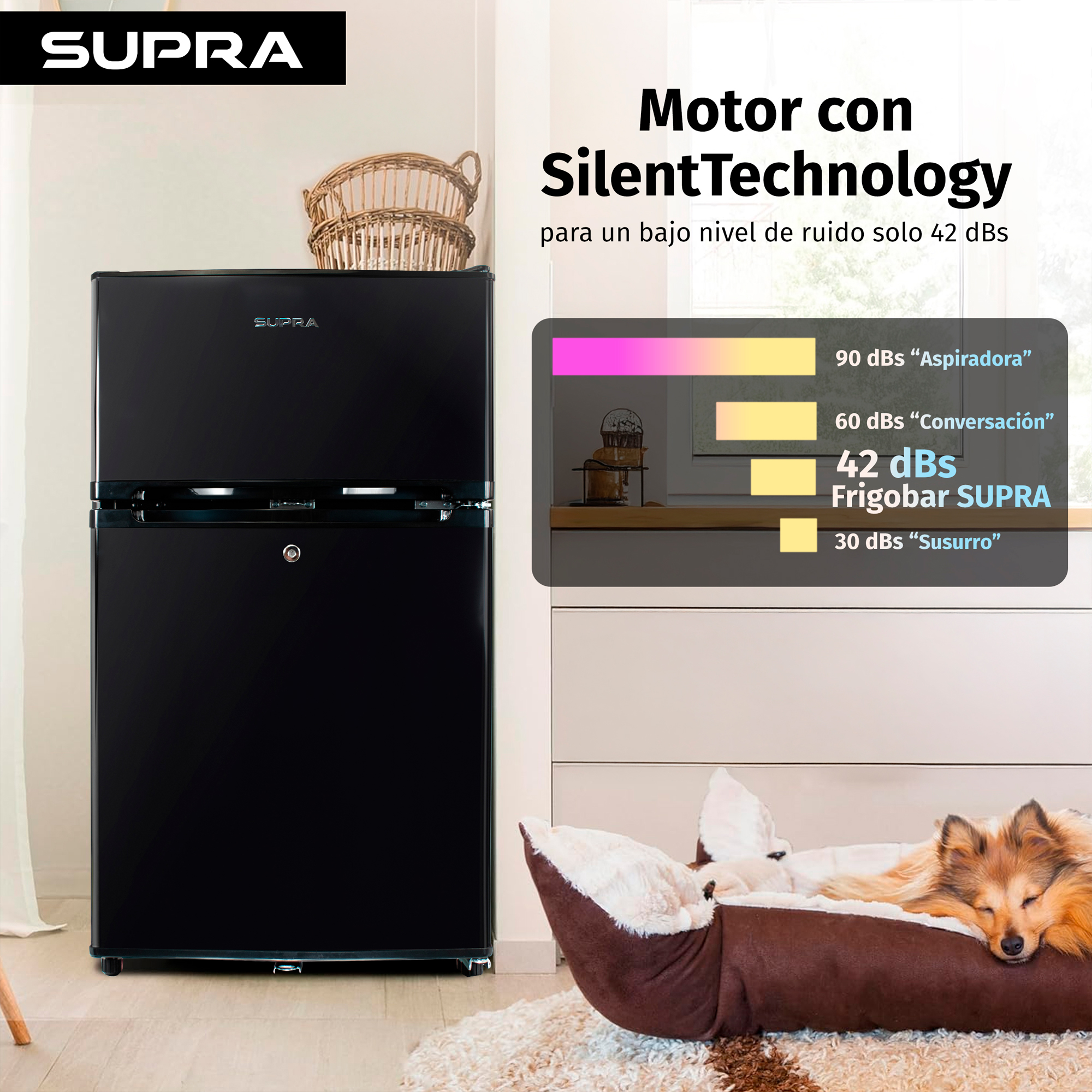 SUPRA WHISTLER, FRIGOBAR NEGRO DE 89L CON CONGELADOR