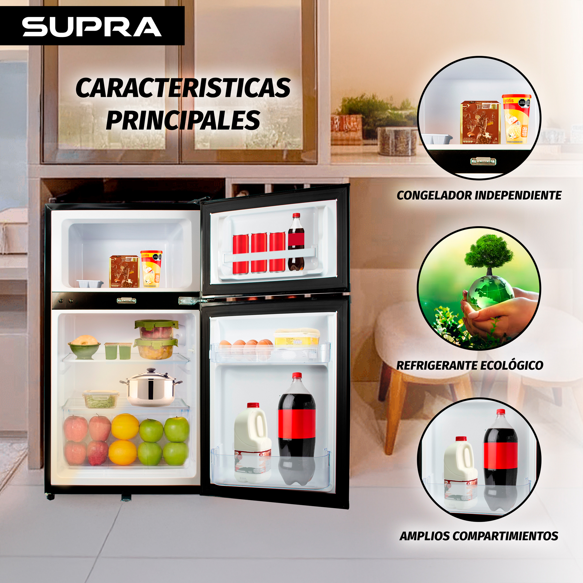 SUPRA WHISTLER, FRIGOBAR NEGRO DE 89L CON CONGELADOR