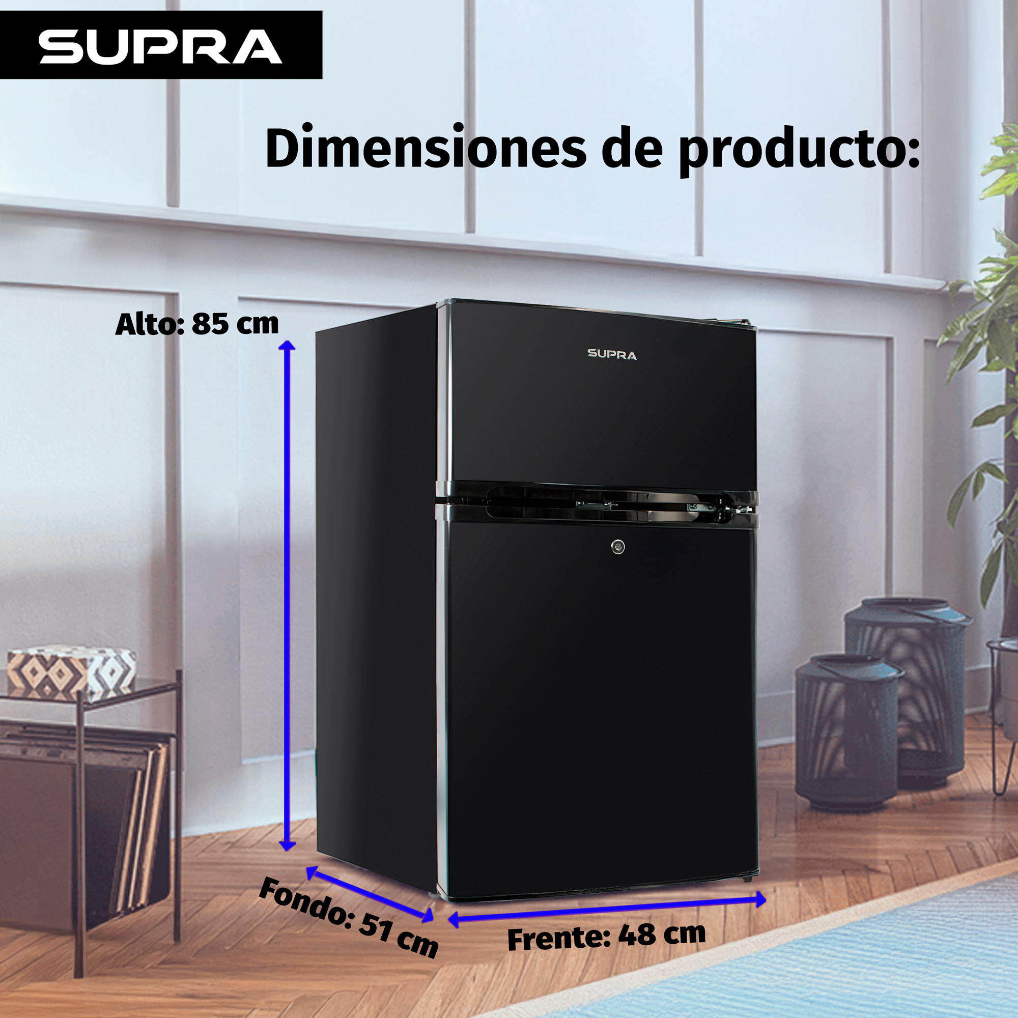 SUPRA WHISTLER, FRIGOBAR NEGRO DE 89L CON CONGELADOR
