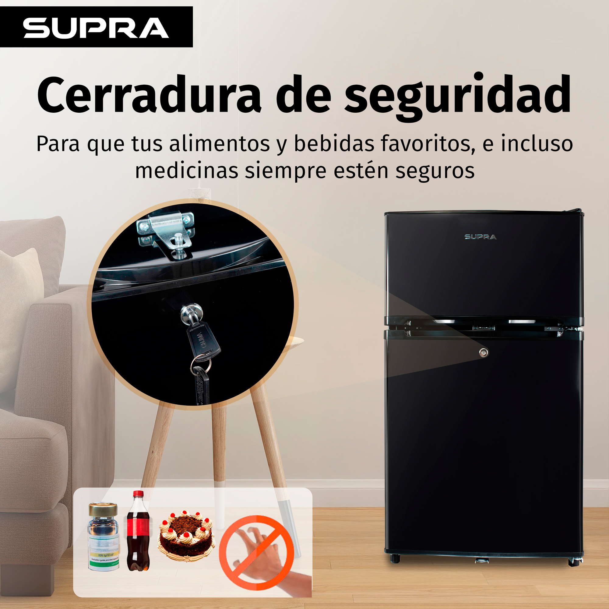 SUPRA WHISTLER, FRIGOBAR NEGRO DE 89L CON CONGELADOR
