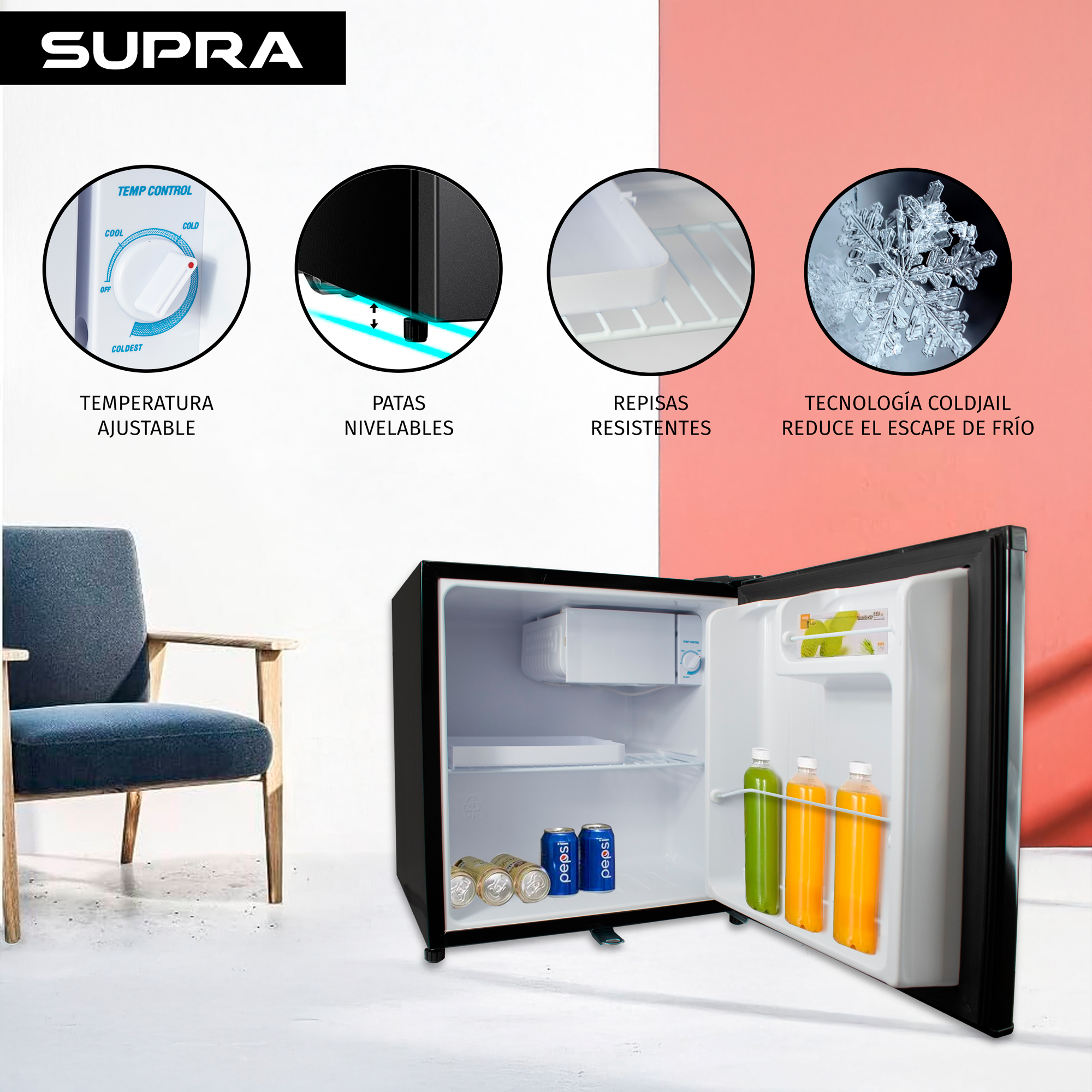 Supra Vail, Frigobar Negro De 47l Con Congelador