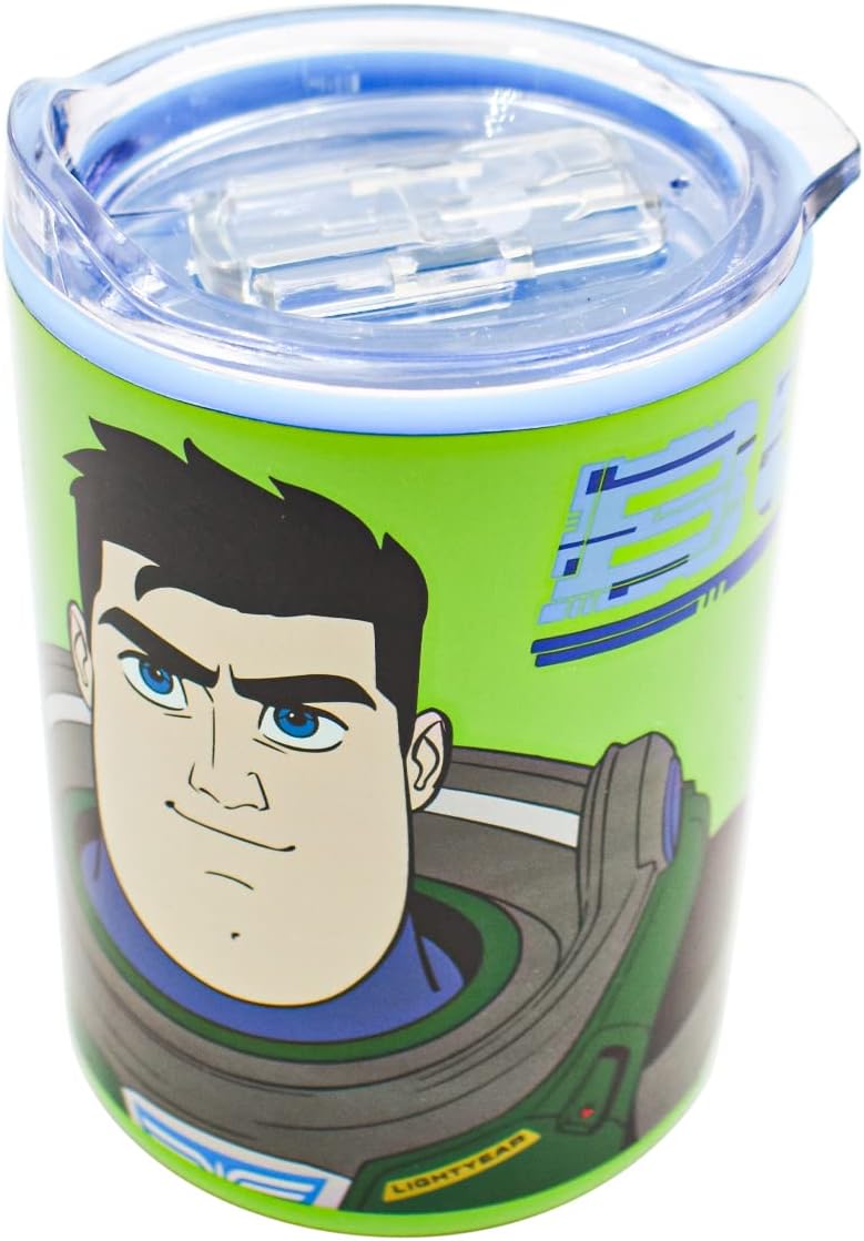 Buzz Lightyear Termo Disney Pixar Vaso Doble Pared de Acero Inoxidable con Tapa Deslizable Transparente, 350 mililitros,