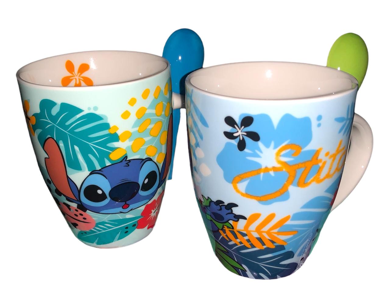 Stitch Juego de 2 Tazas de Pareja con cucharas Ohana Disney Lilo & Stitch Tarros de Ceramica capacidad 310 ml