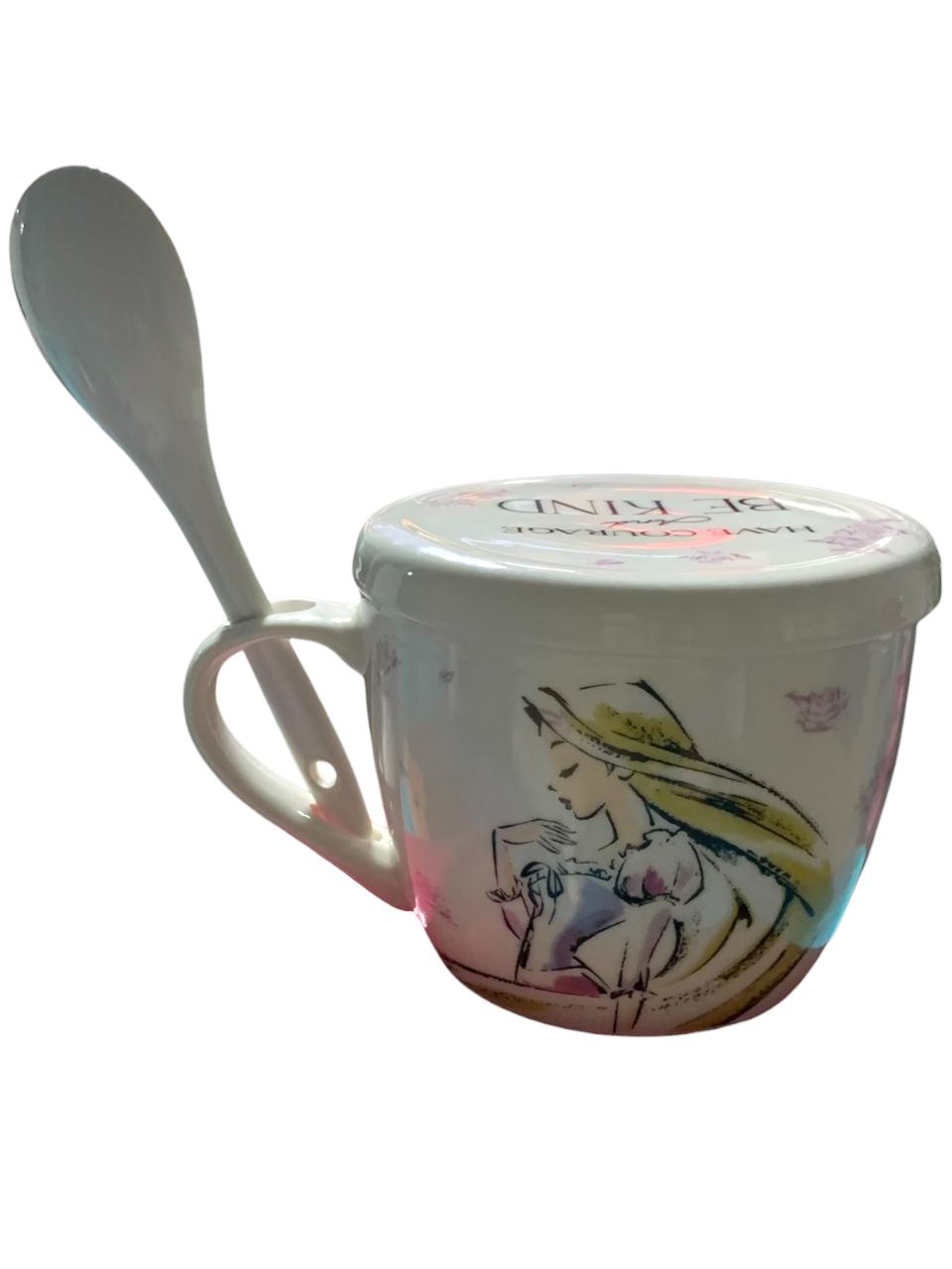 Princesas Disney Taza de Porcelana con Tapa, Cuchara y Caja de Regalo 580 ml Cenicienta, Raspunzel y Bella Tarro