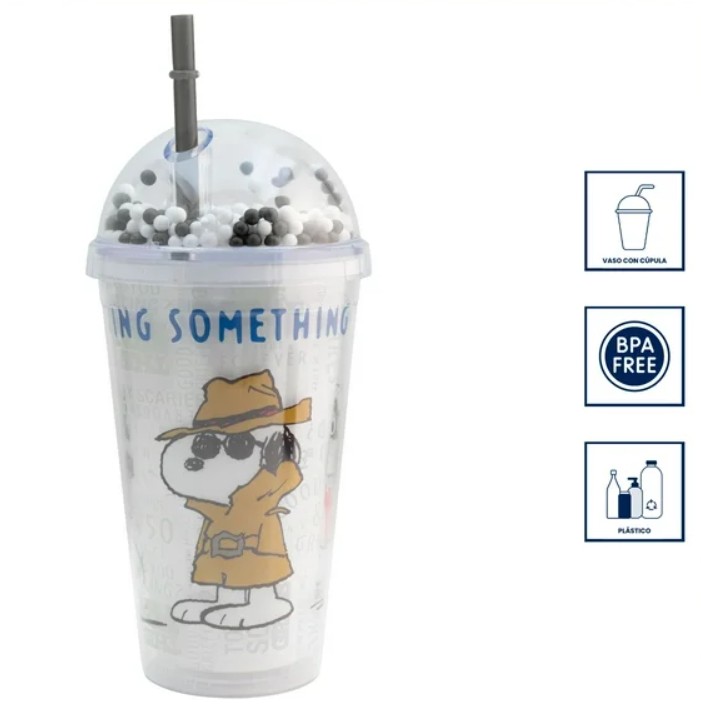Snoopy Vaso De Plástico Doble Pared Con Tapa Domo Y Popote Peanuts 75 Aniversario  con Bolitas de Colores de 480 Ml