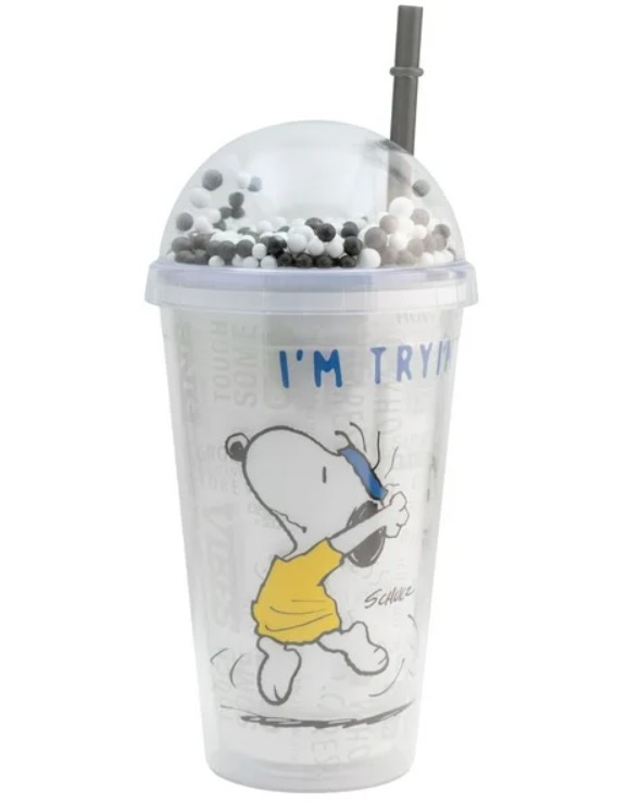 Snoopy Vaso De Plástico Doble Pared Con Tapa Domo Y Popote Peanuts 75 Aniversario  con Bolitas de Colores de 480 Ml