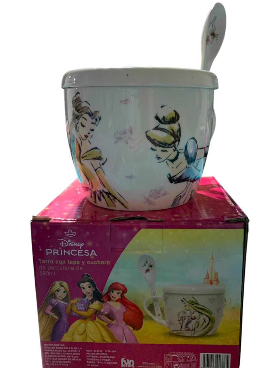 Princesas Disney Taza de Porcelana con Tapa, Cuchara y Caja de Regalo 580 ml Cenicienta, Raspunzel y Bella Tarro