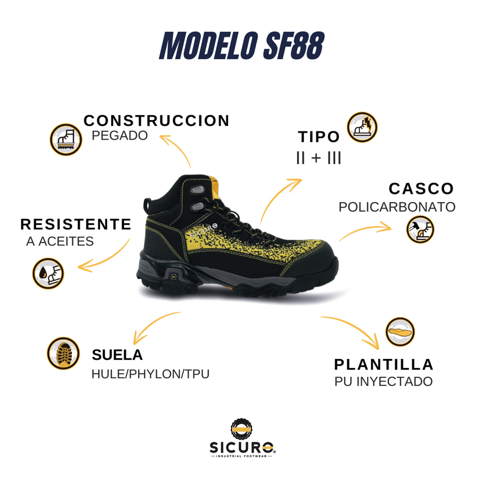 Calzado De Seguridad Bota Sicuro Para Hombre Sf88 Negro Amarillo Con Casco De Policarbonato
