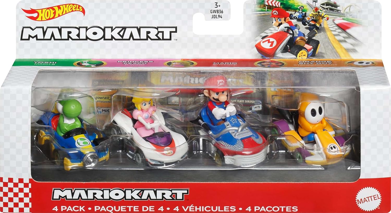 Hot Wheels Vehículo Juguete Paquete 4 Personajes Mario Kart