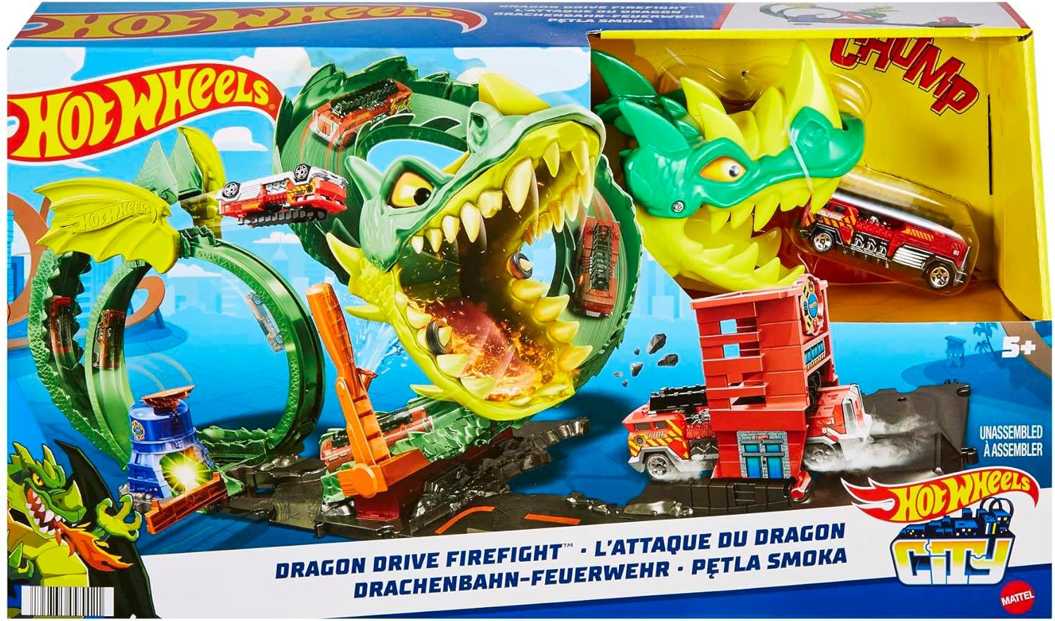Pista Hot Wheels City Dragon Drive Firefight Playset Derrota al Dragón con Acrobacias