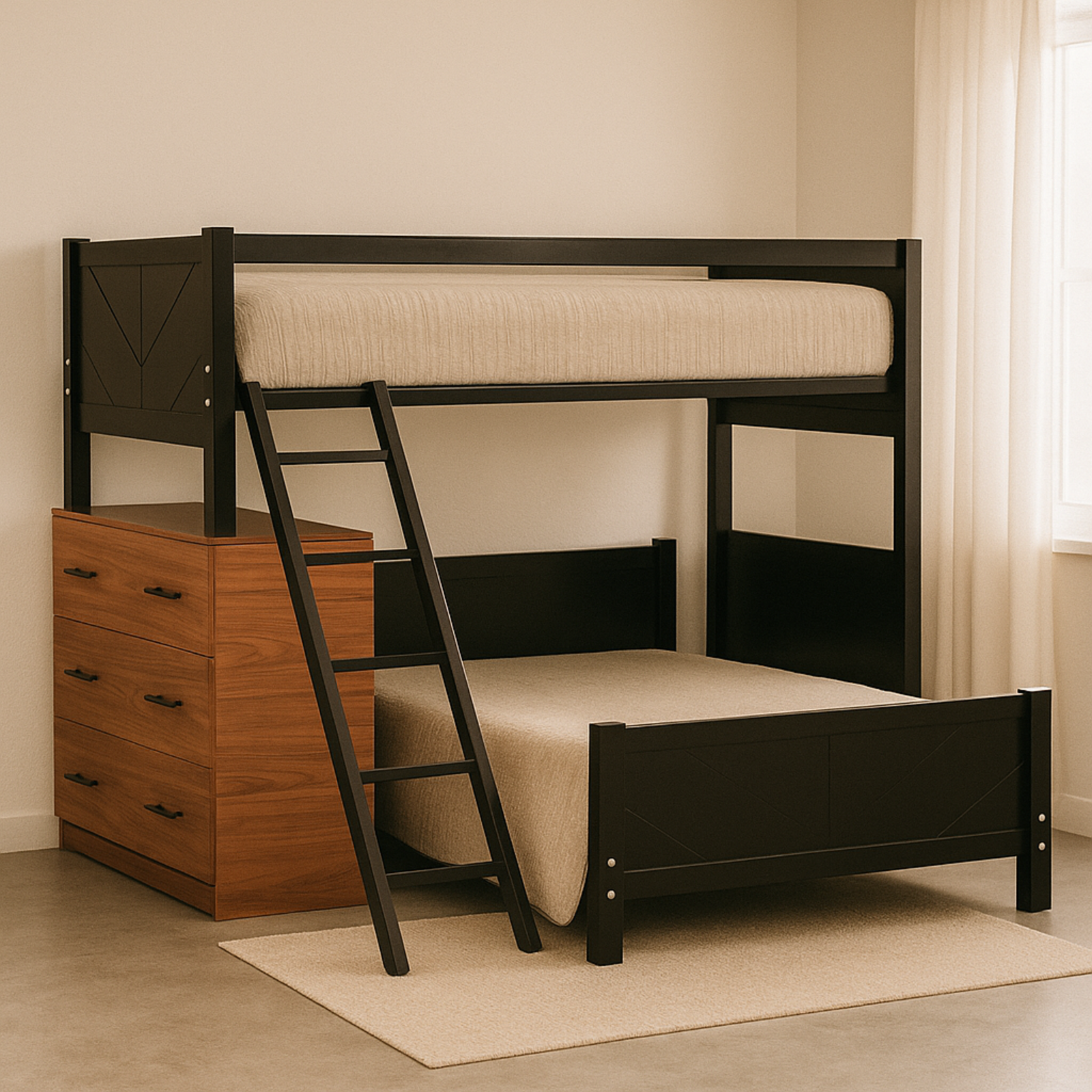 Litera Matrimonial Individual Quebec + Mueble Cajonera Para Almacenamiento