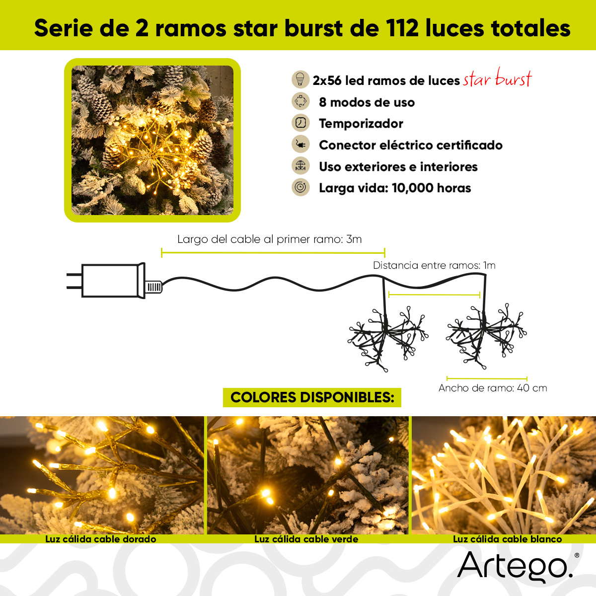 Luces serie 112 led starburst Artego 2 ramos de 40cm diámetro 56 leds ALPHA led cálida cable dorado para árbol navidad