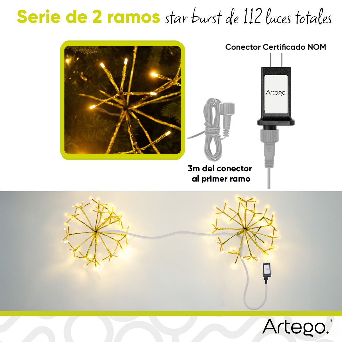 Luces serie 112 led starburst Artego 2 ramos de 40cm diámetro 56 leds ALPHA led cálida cable dorado para árbol navidad