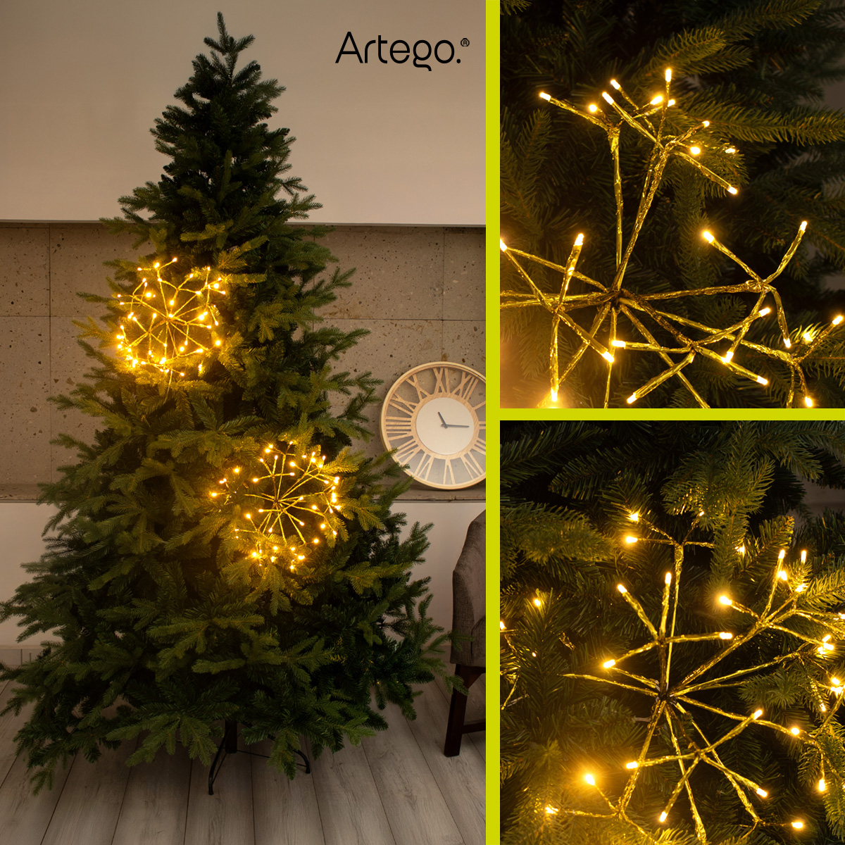 Luces serie 112 led starburst Artego 2 ramos de 40cm diámetro 56 leds ALPHA led cálida cable dorado para árbol navidad