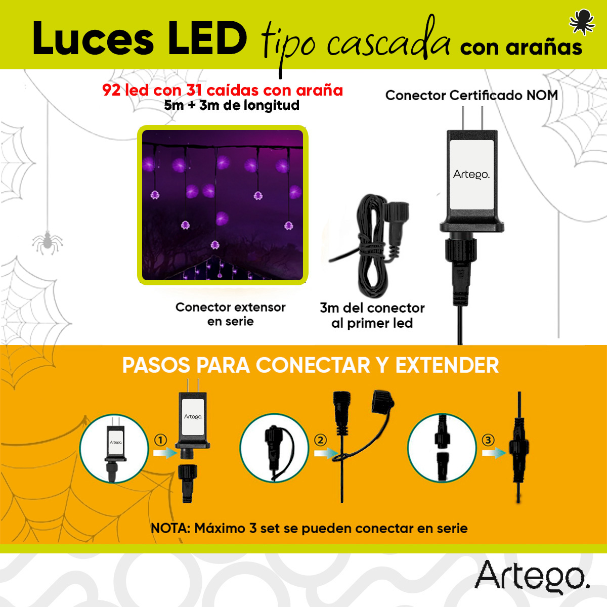 Luces Serie de Halloween tipo cascada luz led morado con araña 5m interior/exterior Artego Decoración día de muertos 