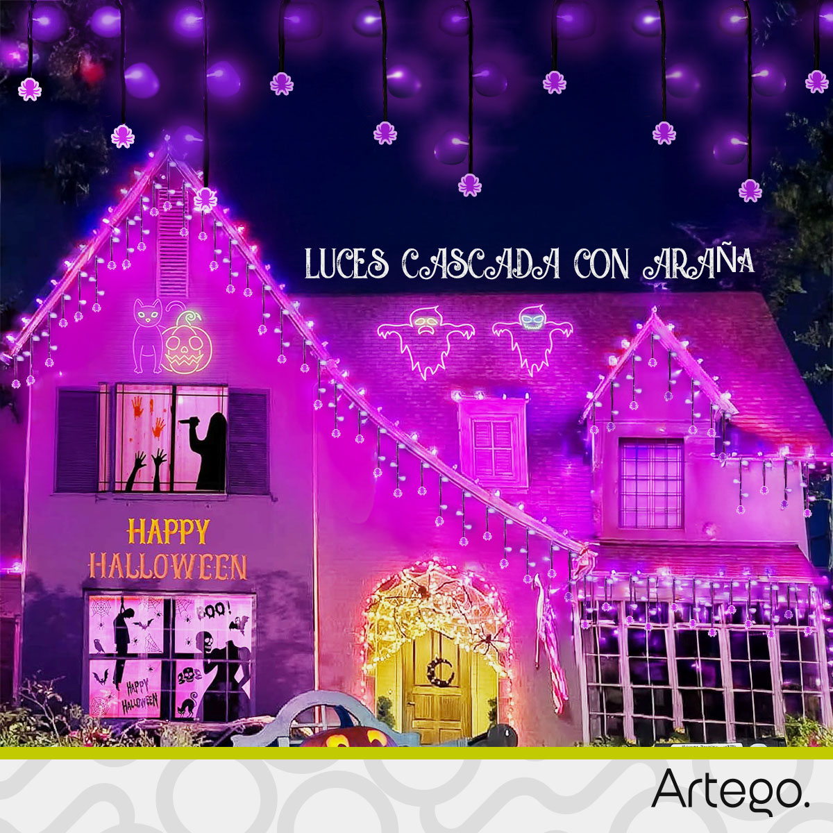 Luces Serie de Halloween tipo cascada luz led morado con araña 5m interior/exterior Artego Decoración día de muertos 