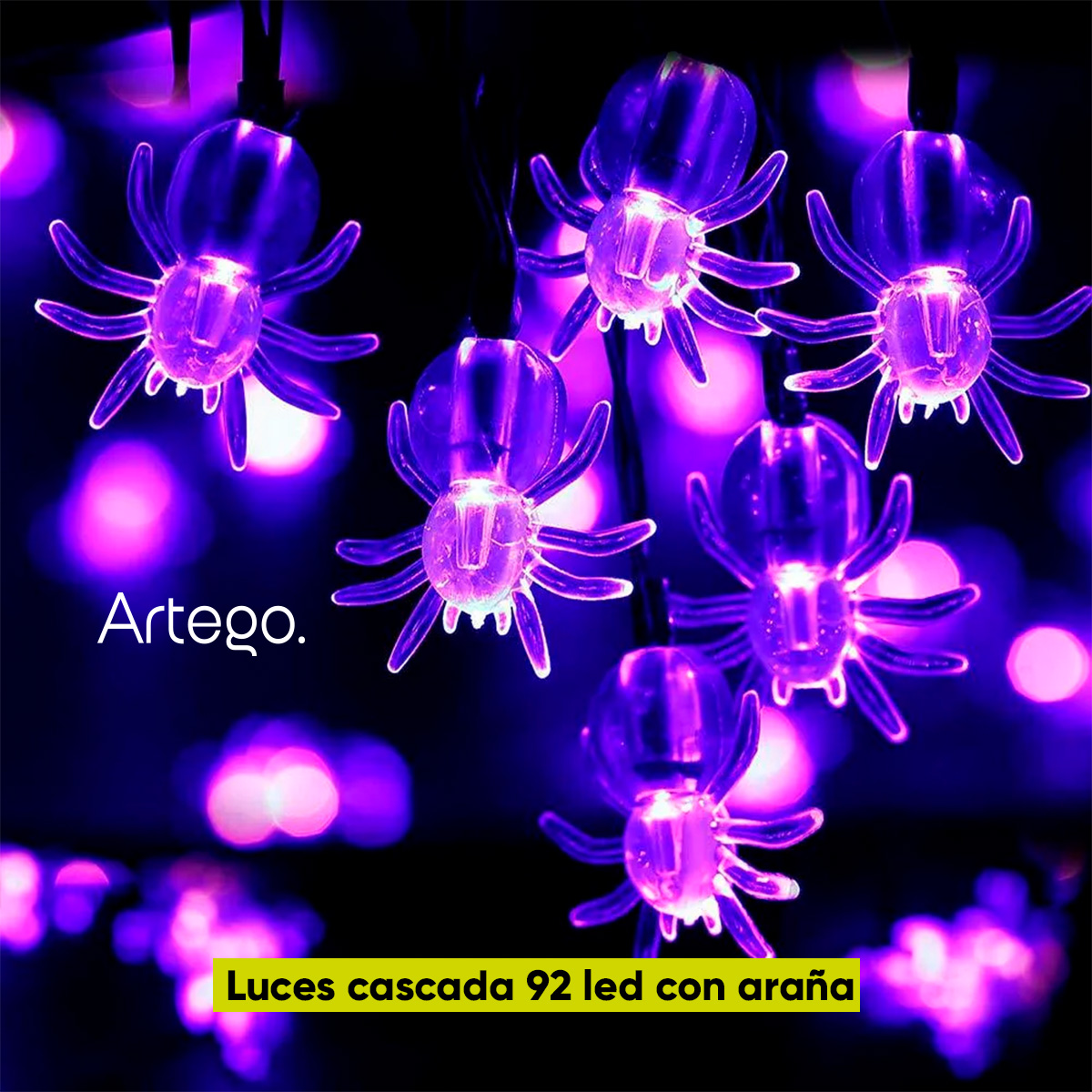 Luces Serie de Halloween tipo cascada luz led morado con araña 5m interior/exterior Artego Decoración día de muertos 