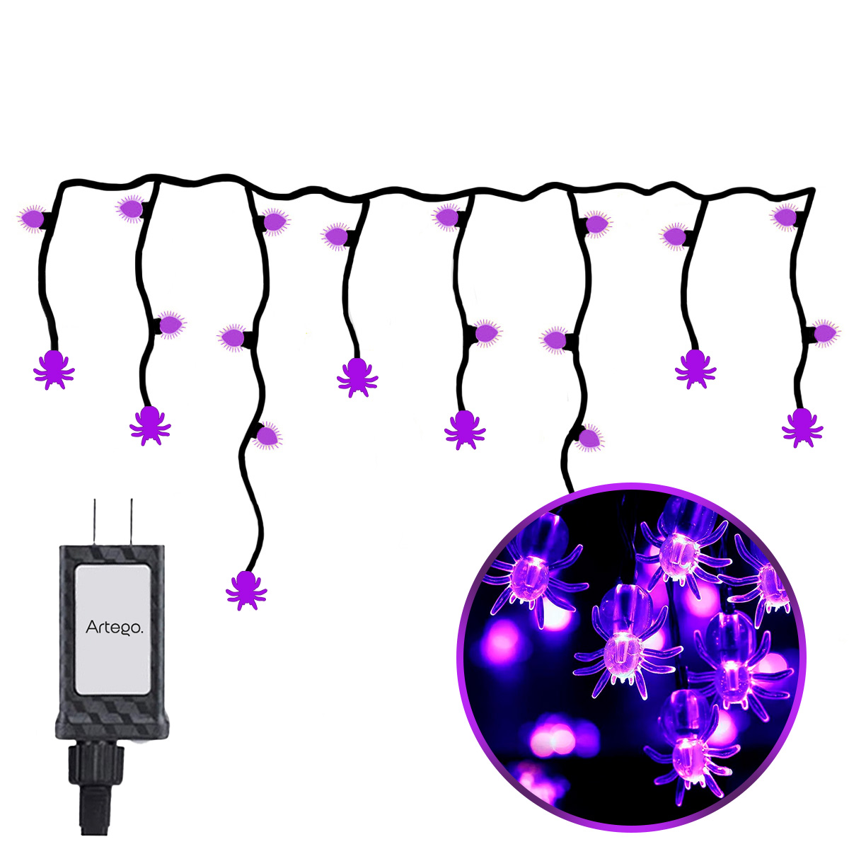 Luces Serie de Halloween tipo cascada luz led morado con araña 5m interior/exterior Artego Decoración día de muertos 