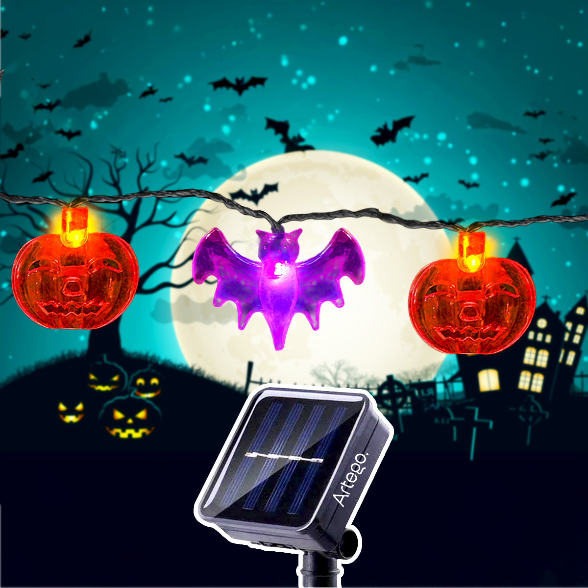 Luces solares 100 led calabaza murciélago style Halloween día de muertos decoración para exteriores solares