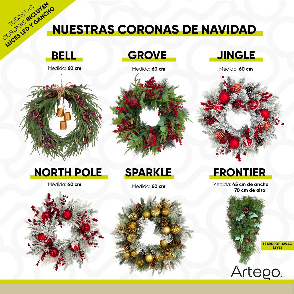 Corona de Navidad 70cm Frontier premium Teardrop Swag Iluminada Natural Ramas secas Follaje Verde Decorada Puerta