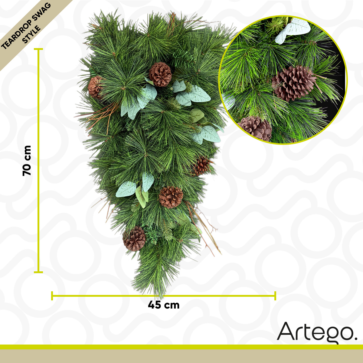 Corona de Navidad 70cm Frontier premium Teardrop Swag Iluminada Natural Ramas secas Follaje Verde Decorada Puerta