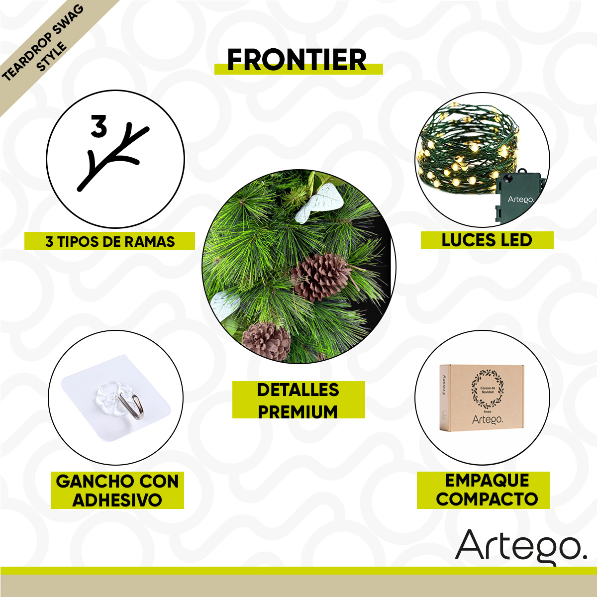 Corona de Navidad 70cm Frontier premium Teardrop Swag Iluminada Natural Ramas secas Follaje Verde Decorada Puerta