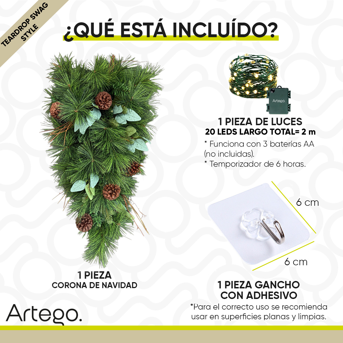 Corona de Navidad 70cm Frontier premium Teardrop Swag Iluminada Natural Ramas secas Follaje Verde Decorada Puerta