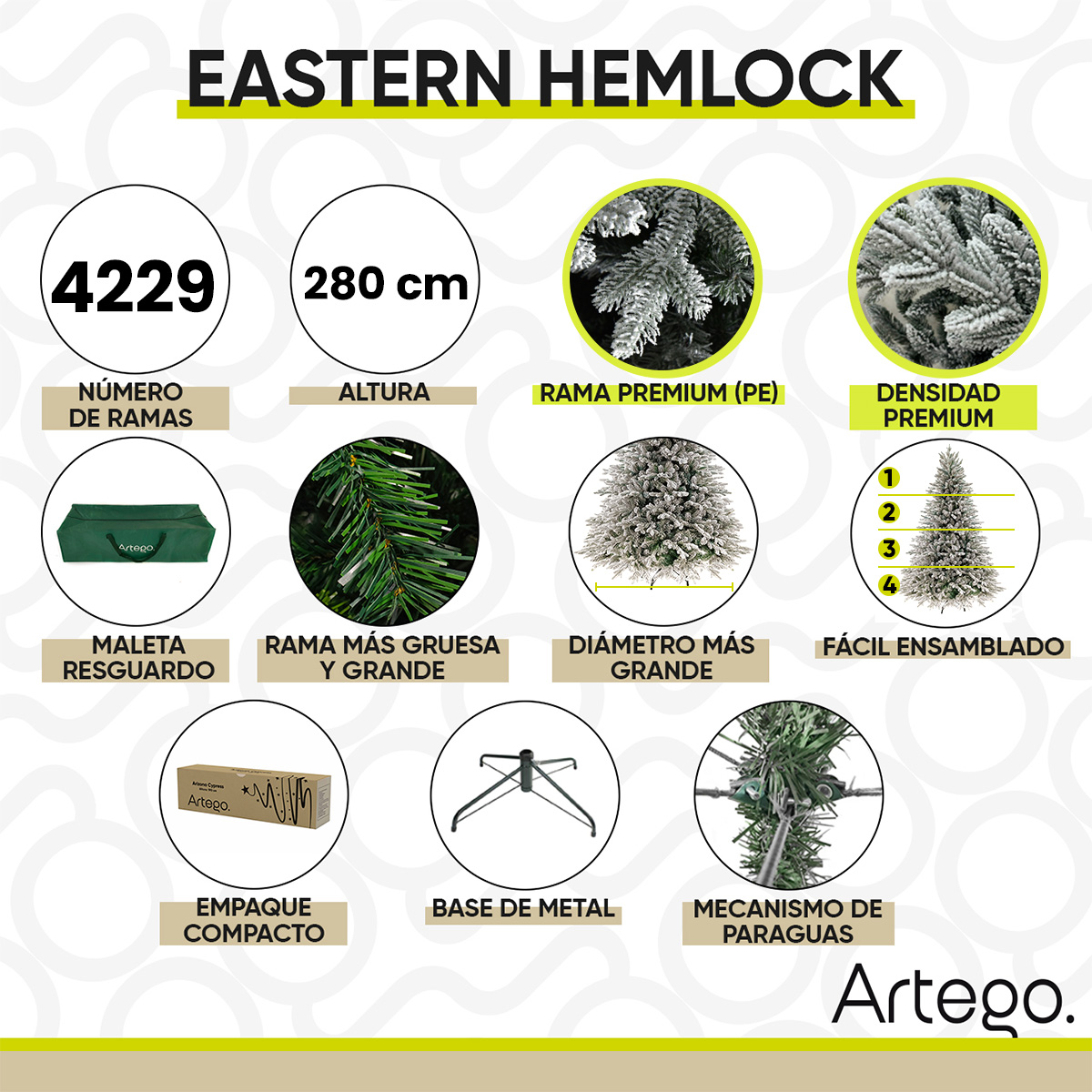 Árbol de Navidad Nevado 2.80m Premium Eastern Hemlock Artego Nieve Pino Frondoso + Maleta / Christmas Tree 2.80m Snow 