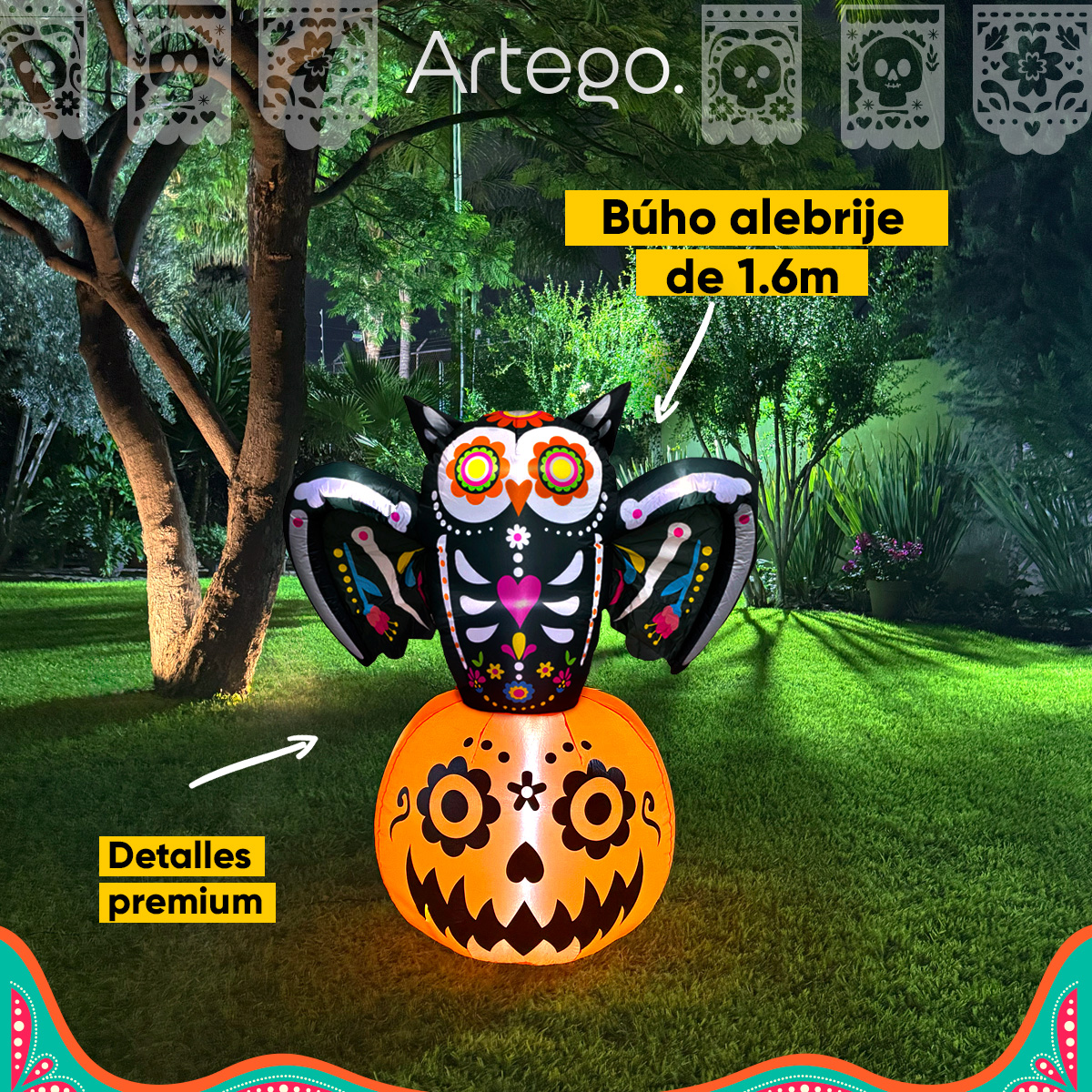 Inflable de Halloween búho alebrije de 1.6m de alto para exteriores decoración día de muertos Artego