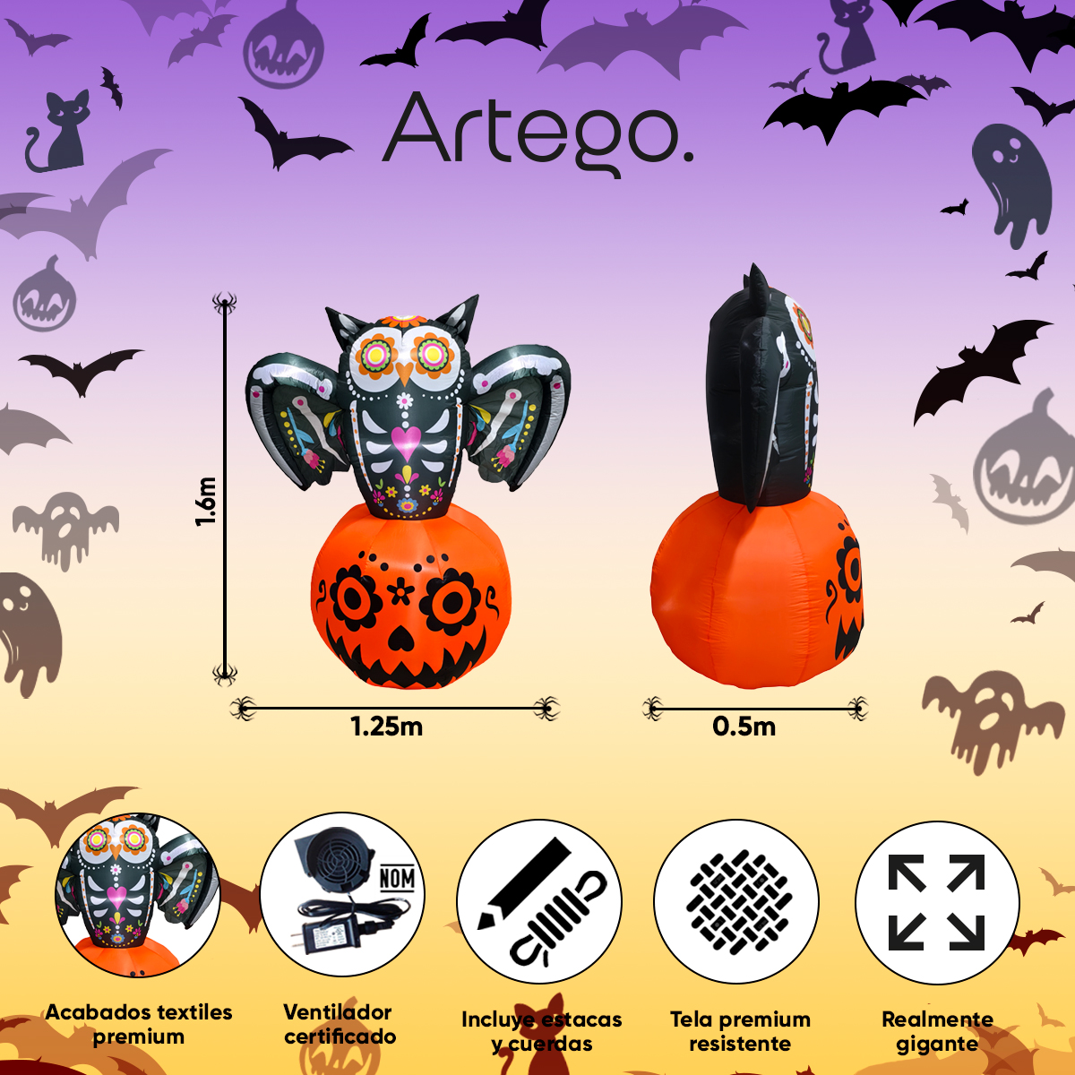 Inflable de Halloween búho alebrije de 1.6m de alto para exteriores decoración día de muertos Artego