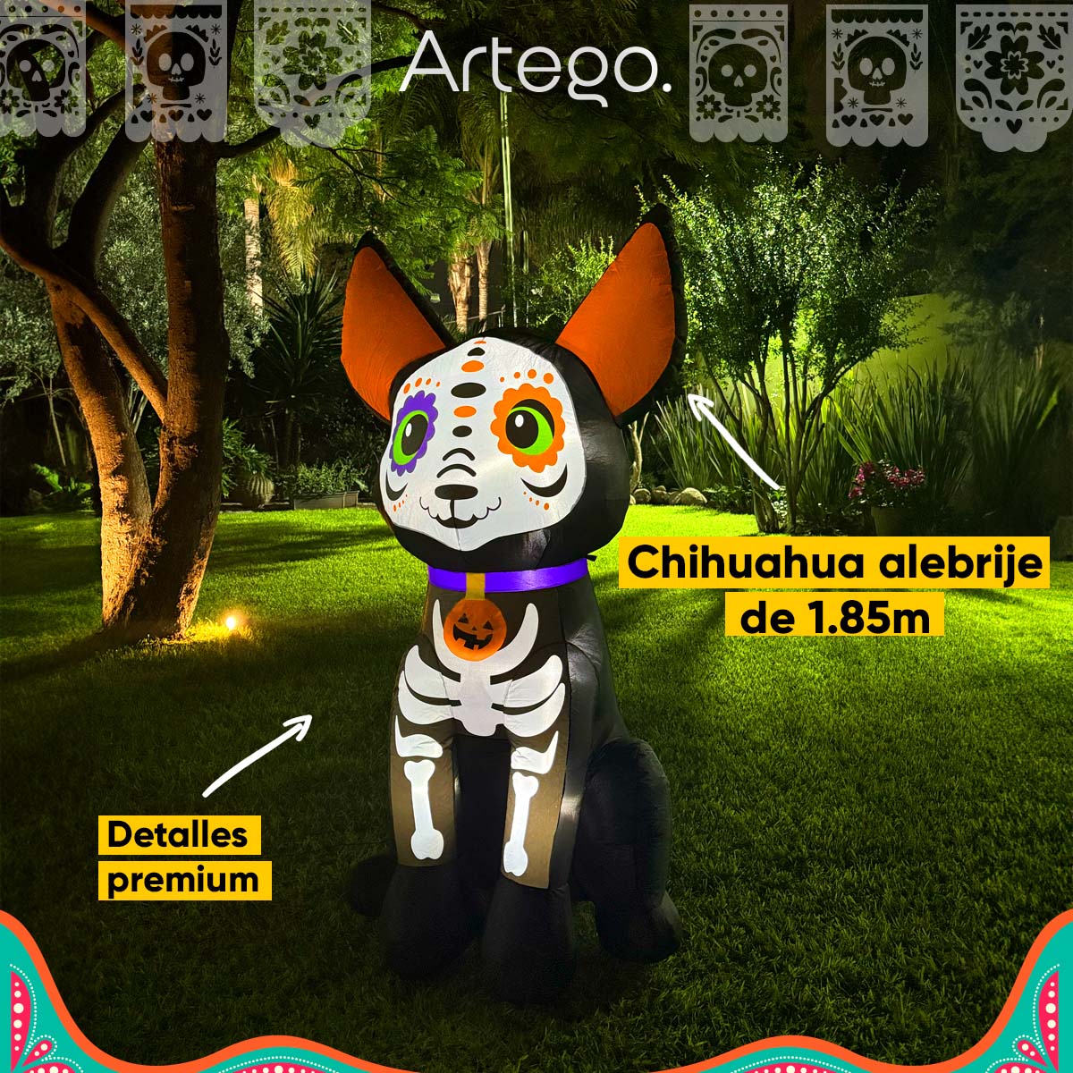 Inflable de halloween perrito chihuahua alebrije de 1.85m de alto para exteriores decoración día de muertos Artego