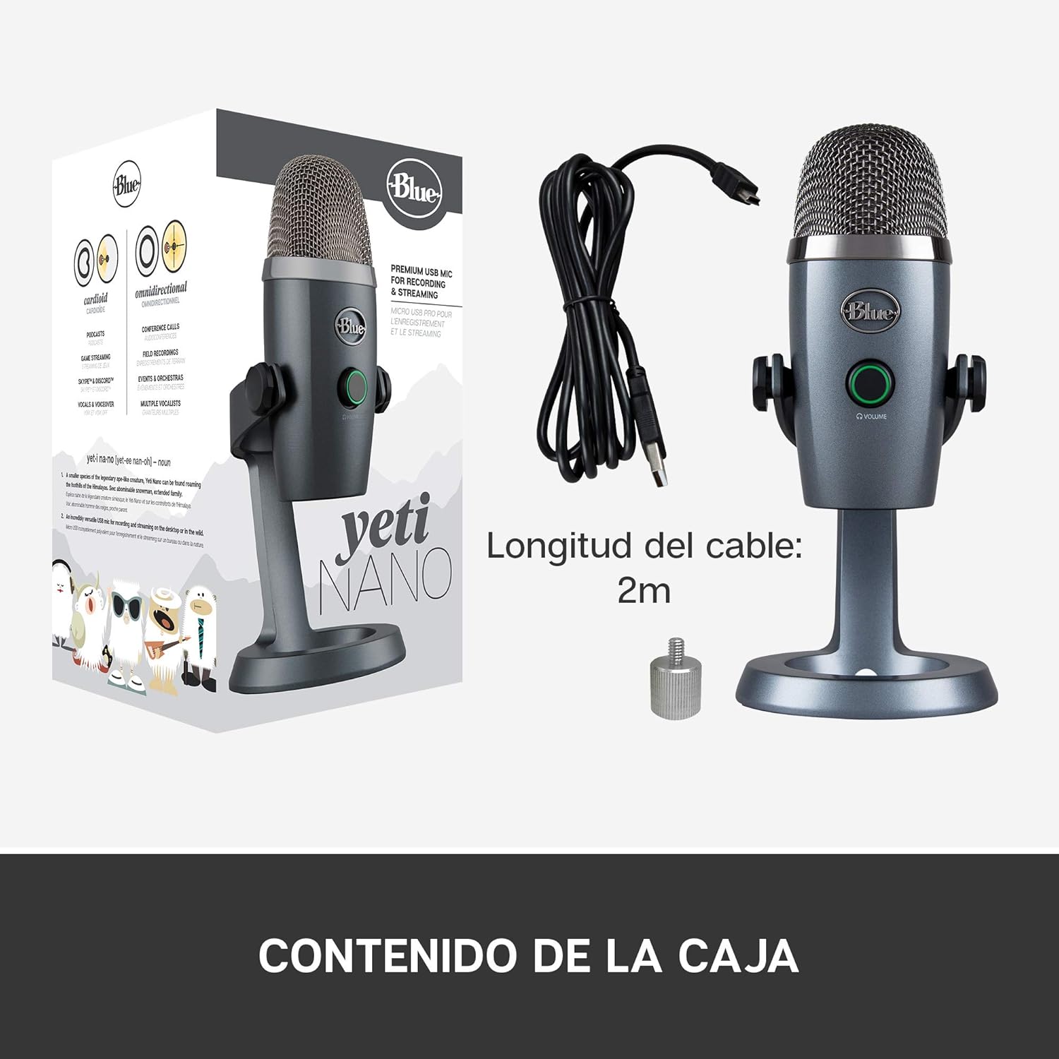 Microfono Profesional Blue Yeti Nano Gris USB Premium Doble Patron Blue Vo!ce 988-000508