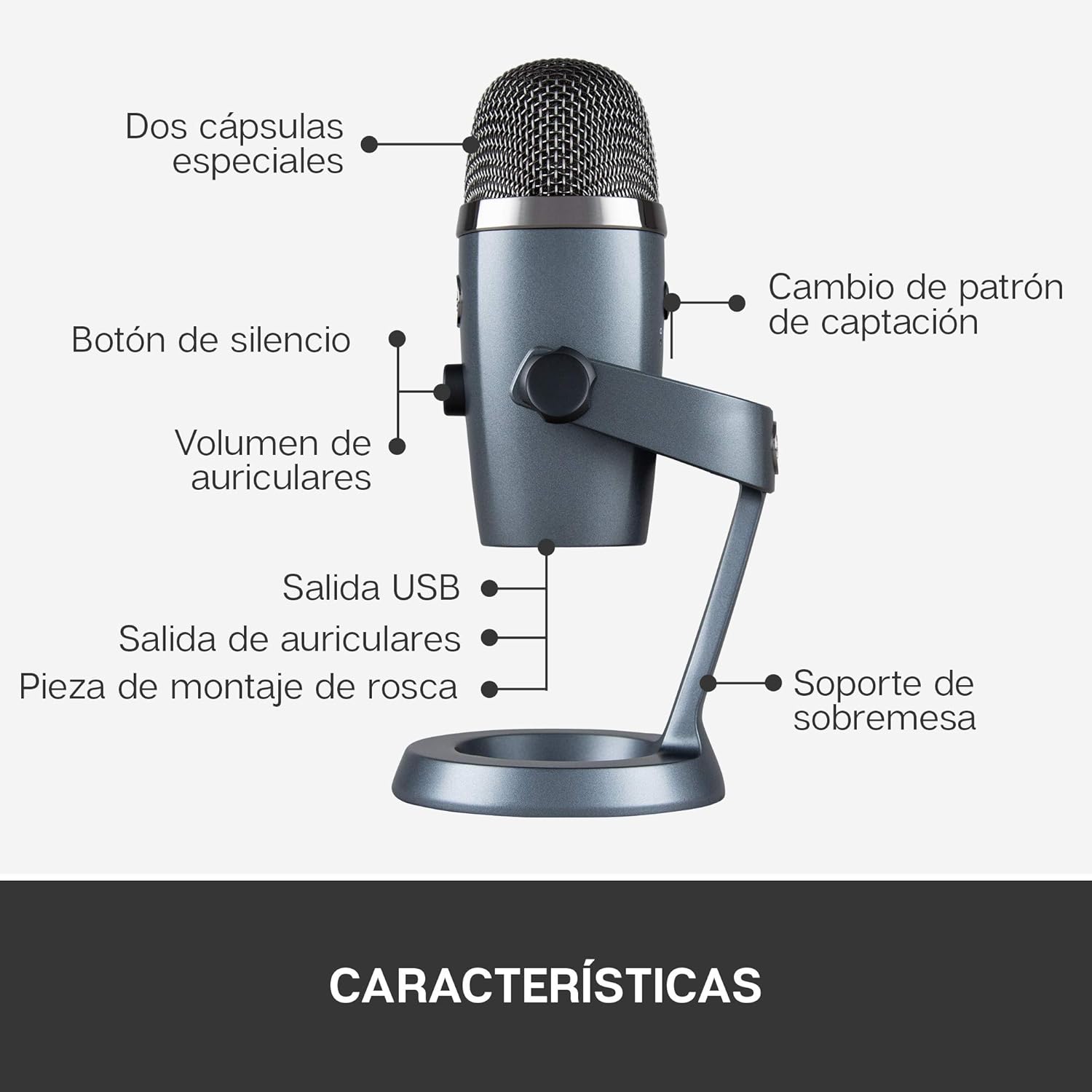 Microfono Profesional Blue Yeti Nano Gris USB Premium Doble Patron Blue Vo!ce 988-000508