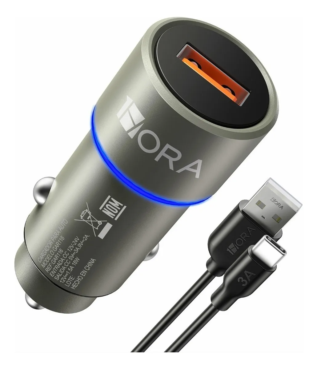Cargador Para Auto Usb-a Qc 3.0 De Auto Con Cable Carga Turbo