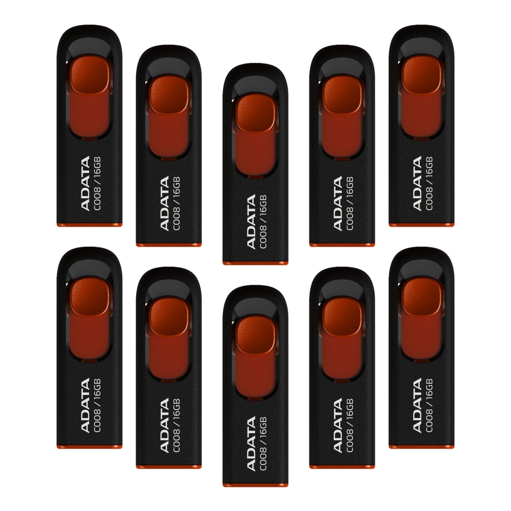 10 Pack - Memoria USB Adata C008 de 16 GB, USB 2.0, Negro con Rojo
