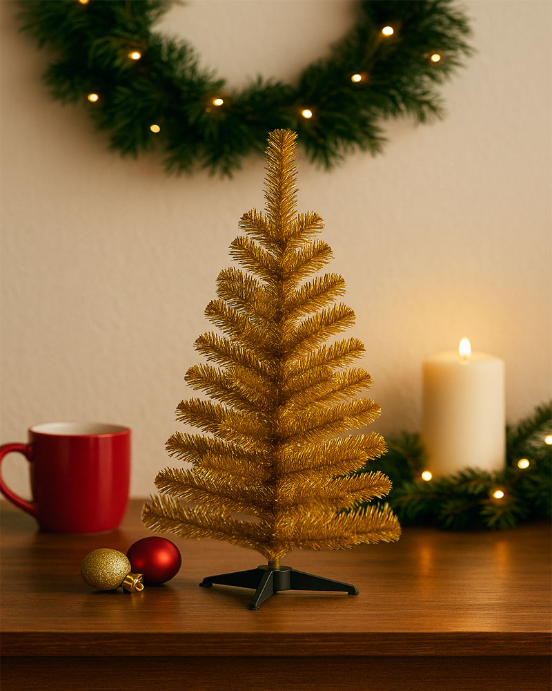 Árbol de Navidad Mini Dorado 60 cm con Base Plástica – Decoración Navideña de Escritorio