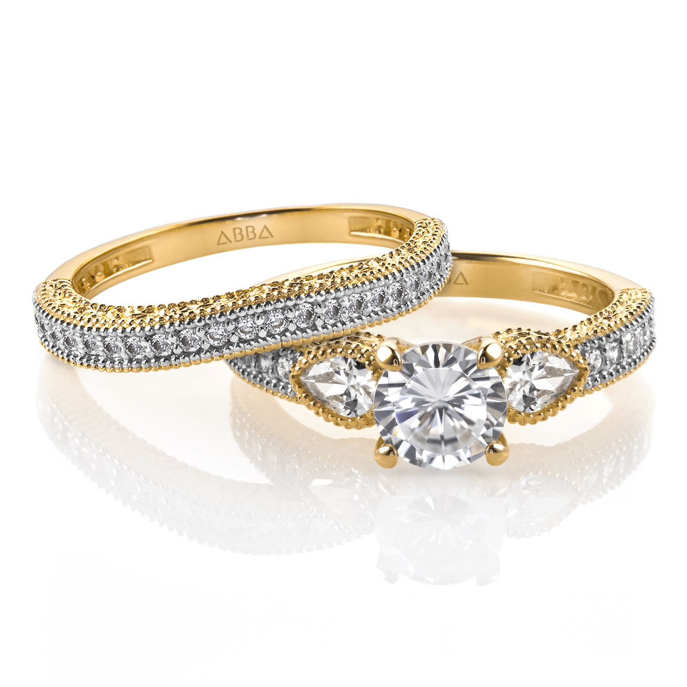 SET DE ANILLOS DE COMPROMISO ORO 14K AMARILLO MILGRAIN ABBA JOYAS 