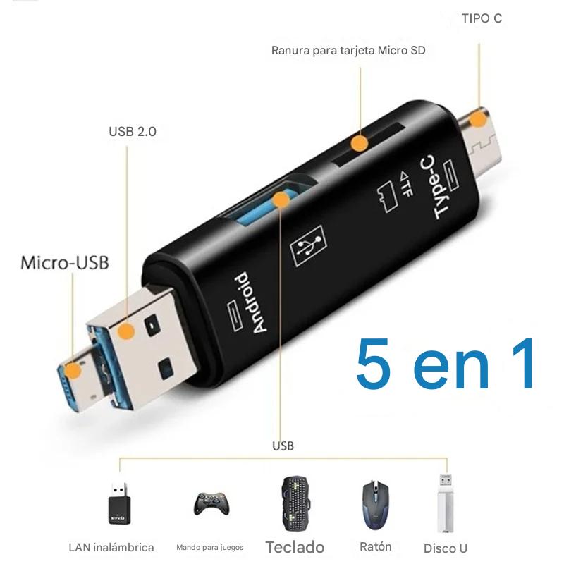 Lector tarjetas adaptador 5 en 1 multifunción USB 2,0 tipo C USB Micro SD TF memoria PC Android OTG