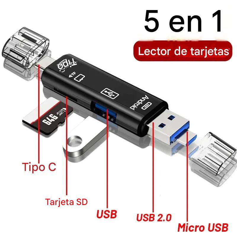 Lector tarjetas adaptador 5 en 1 multifunción USB 2,0 tipo C USB Micro SD TF memoria PC Android OTG