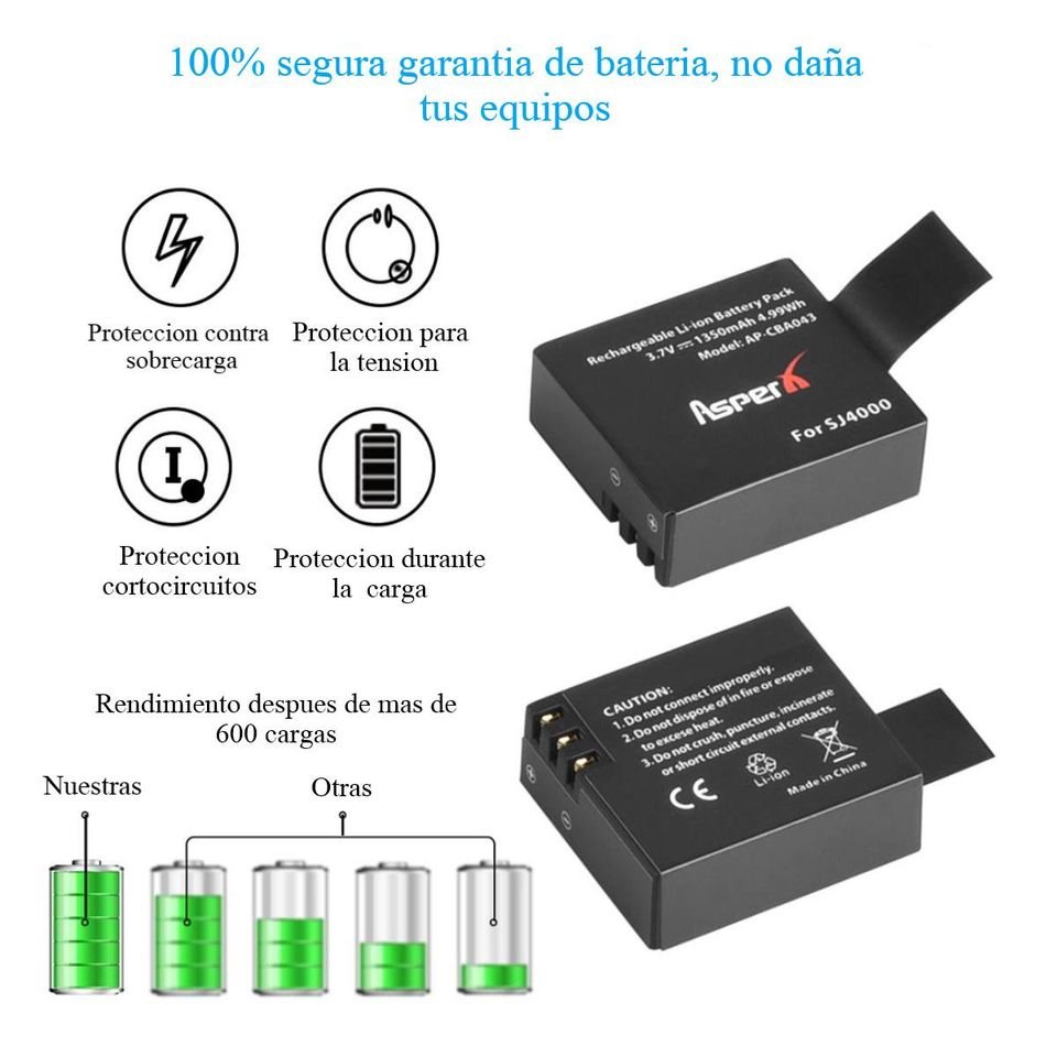1 pz Batería 1350mAh cámara deportiva video crosscam gopro negro 4K moto auto carreras contra agua.