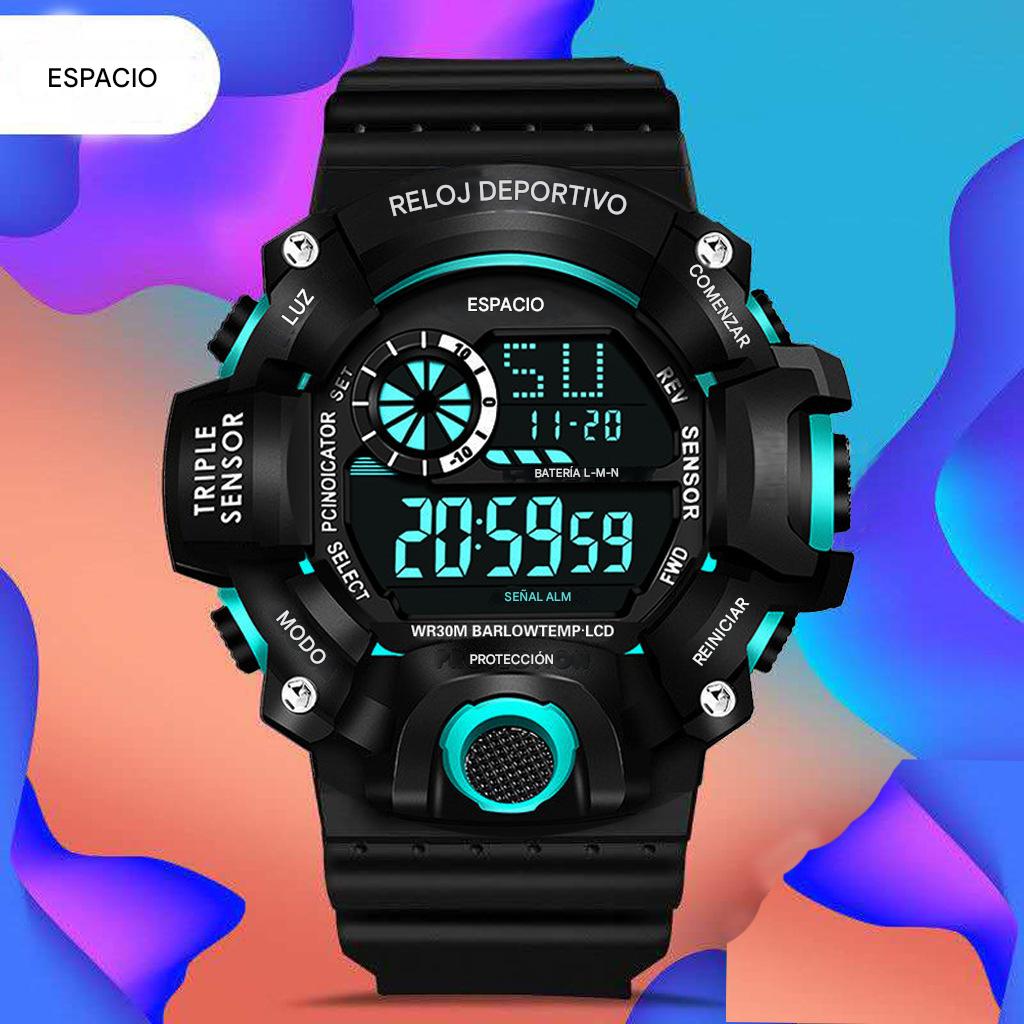 Reloj pulsera azul claro electrónico deportivo moda grande multifuncional resistente agua luminosa
