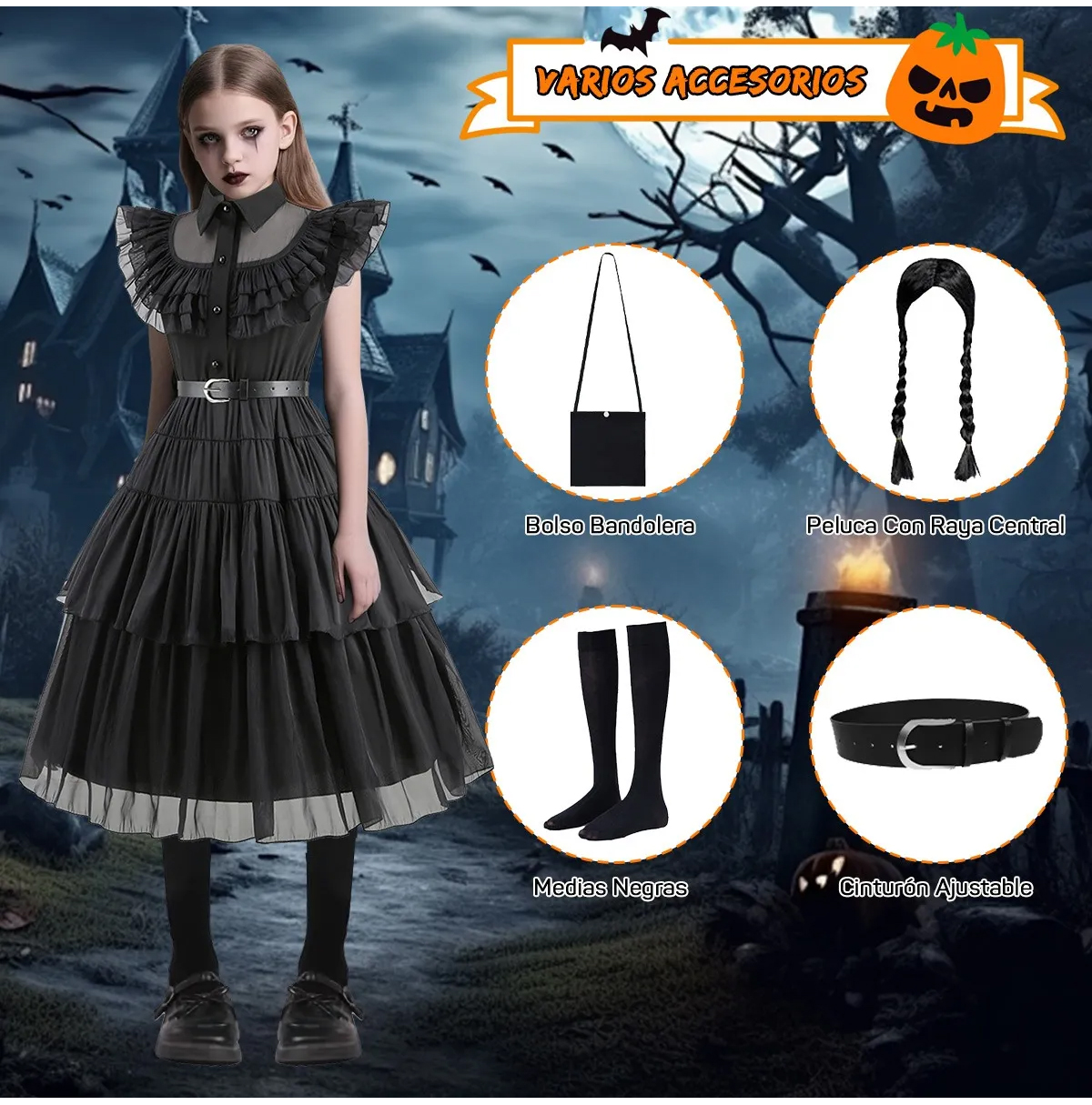 Vestido De Wednesday Merlina Addams Niñas Fiesta De Halloween, Disfraz Cosplay 4-13 Años