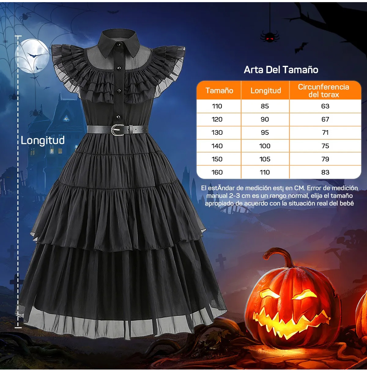 Vestido De Wednesday Merlina Addams Niñas Fiesta De Halloween, Disfraz Cosplay 4-13 Años