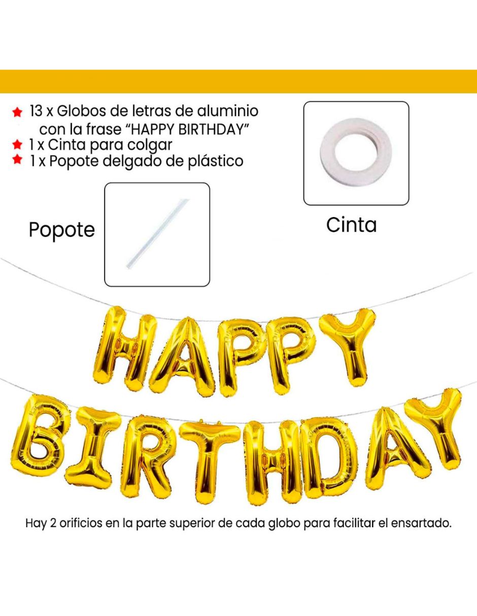 Globos Metálicos "Happy Birthday" Dorado Decoración Fiesta