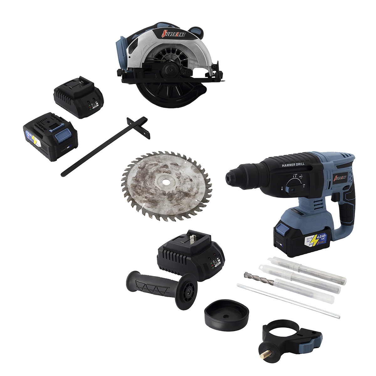 Kit de Rotomartillo Inalámbrico + Sierra Circular Inalámbrica de 7” Silverline Color Azul