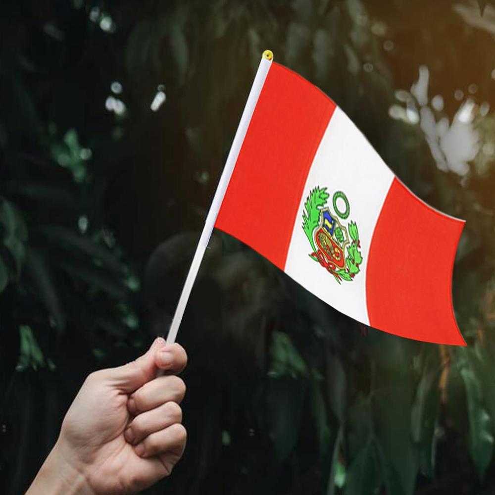 Bandera Perú Fiestas Patrias MXPHN-002 10Pzas Perú 14x21cm Tela Poliéster Asta Plástico, PEhandFlag
