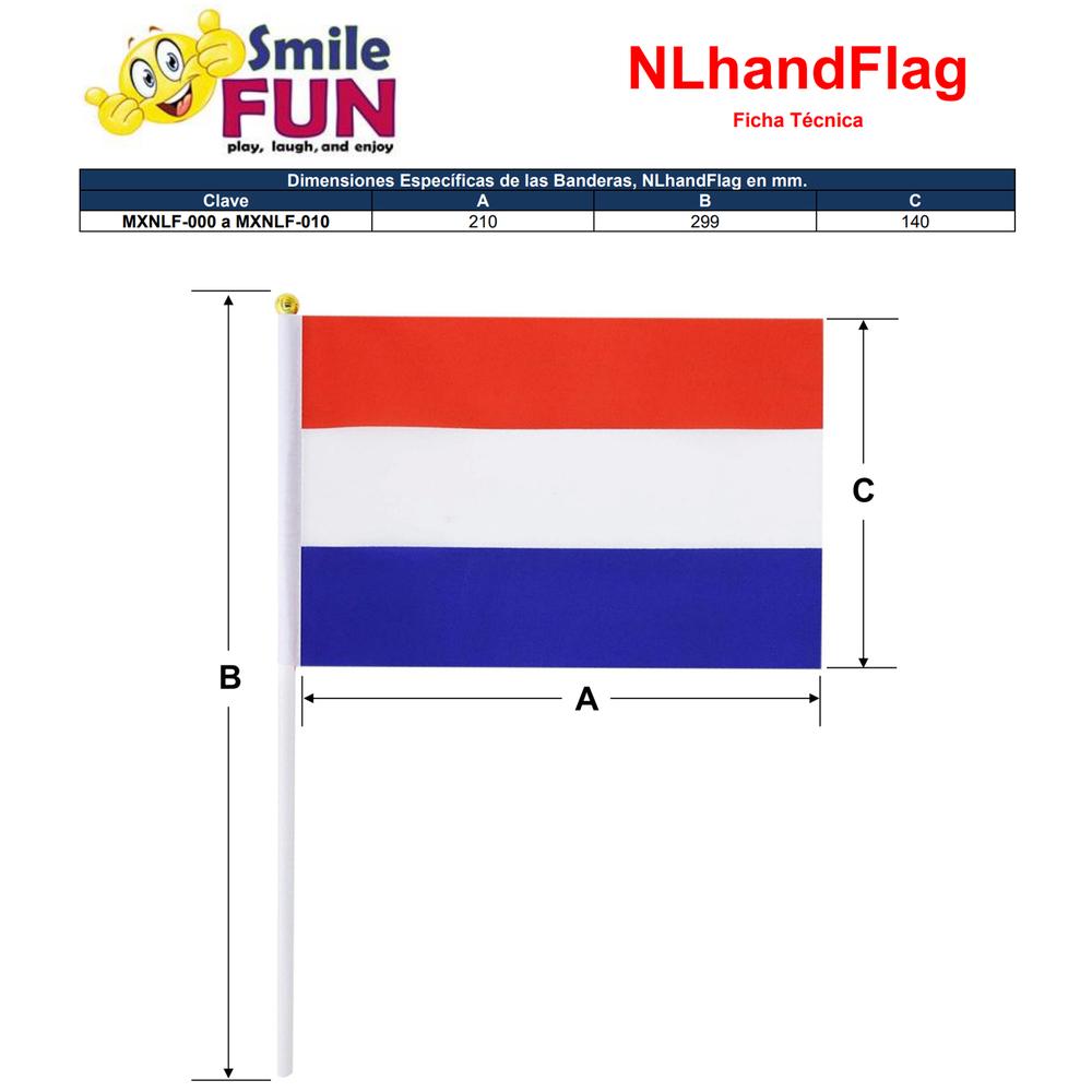 Bandera Países Bajos MXNLF-002 10Pzas Países Bajos 14x21cm Tela Poliéster Asta Plástico, NLhandFlag