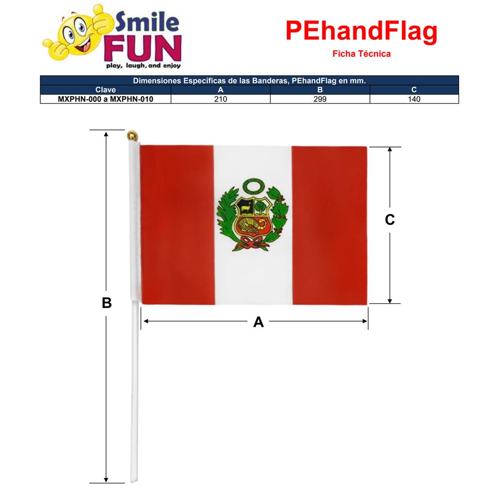 Bandera Perú Fiestas Patrias MXPHN-002 10Pzas Perú 14x21cm Tela Poliéster Asta Plástico, PEhandFlag