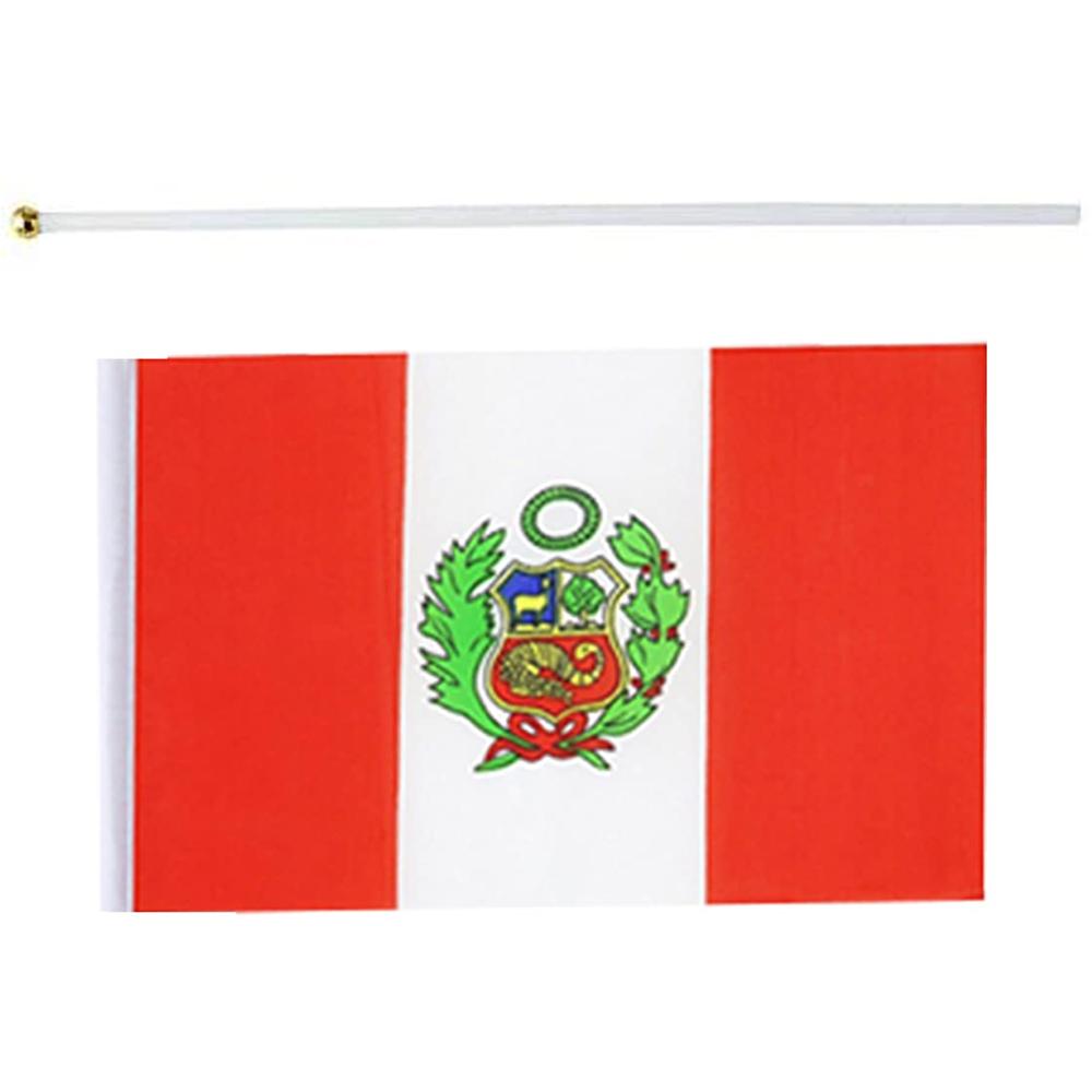 Bandera Perú Fiestas Patrias MXPHN-002 10Pzas Perú 14x21cm Tela Poliéster Asta Plástico, PEhandFlag