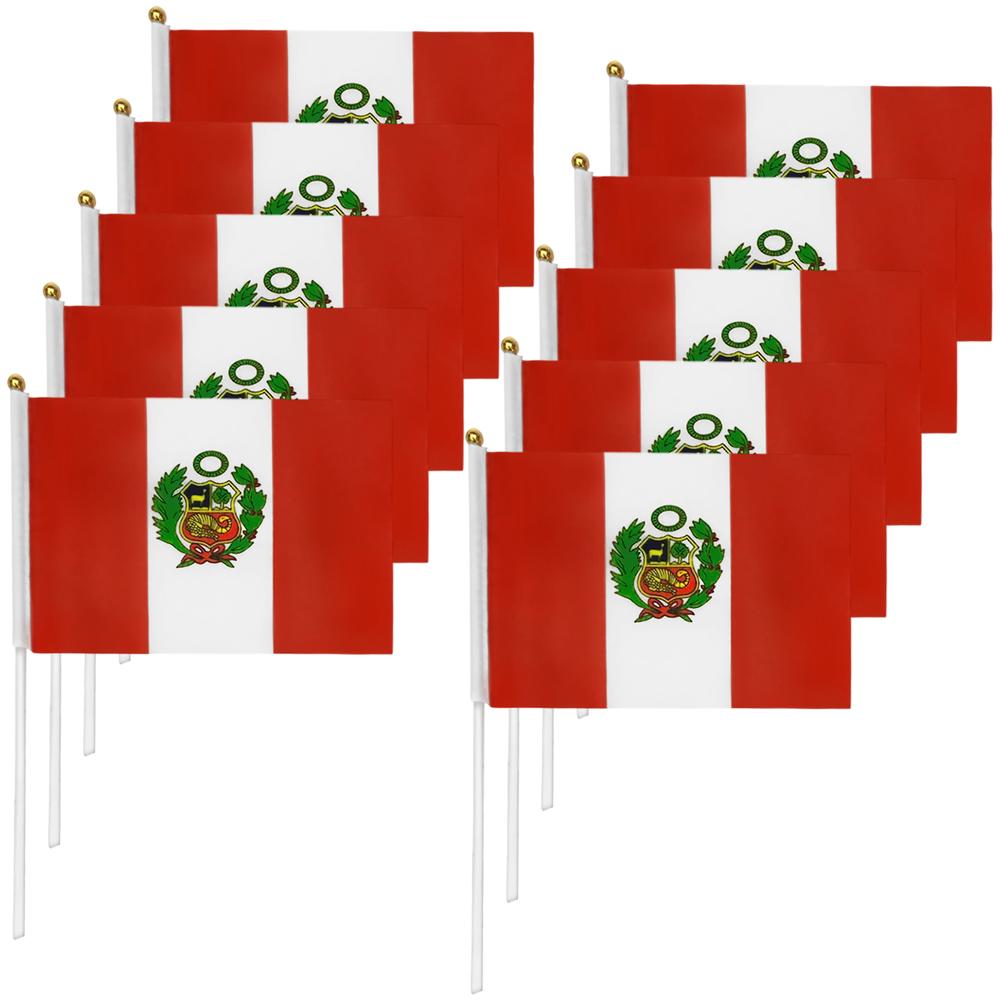 Bandera Perú Fiestas Patrias MXPHN-002 10Pzas Perú 14x21cm Tela Poliéster Asta Plástico, PEhandFlag
